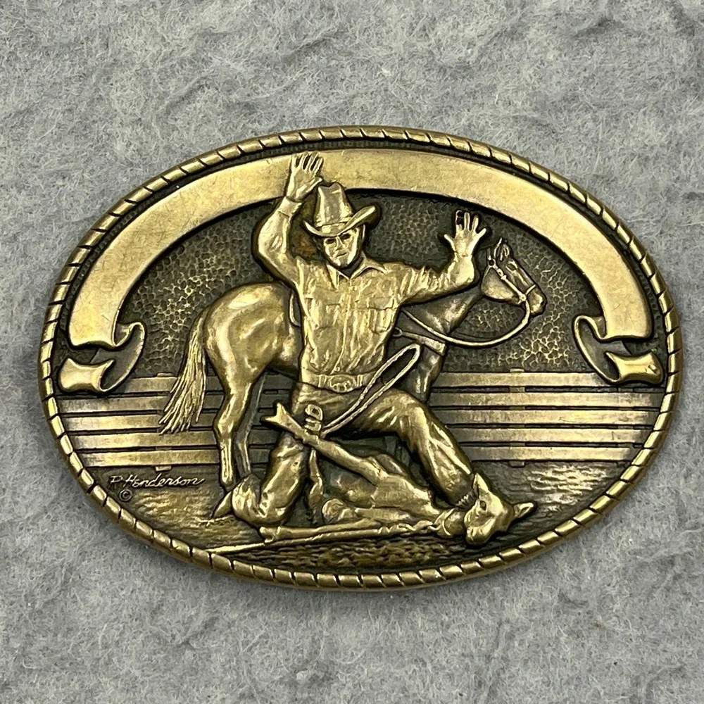 VTG Exclusive Tony Lama Solid Brass Belt Buckle Cowboy Roping Horse R. Handerson